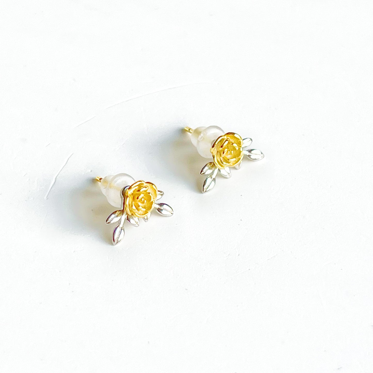 Gold Rose and Silver Leaves Two Ways to Wear Earrings-Ninaouity
