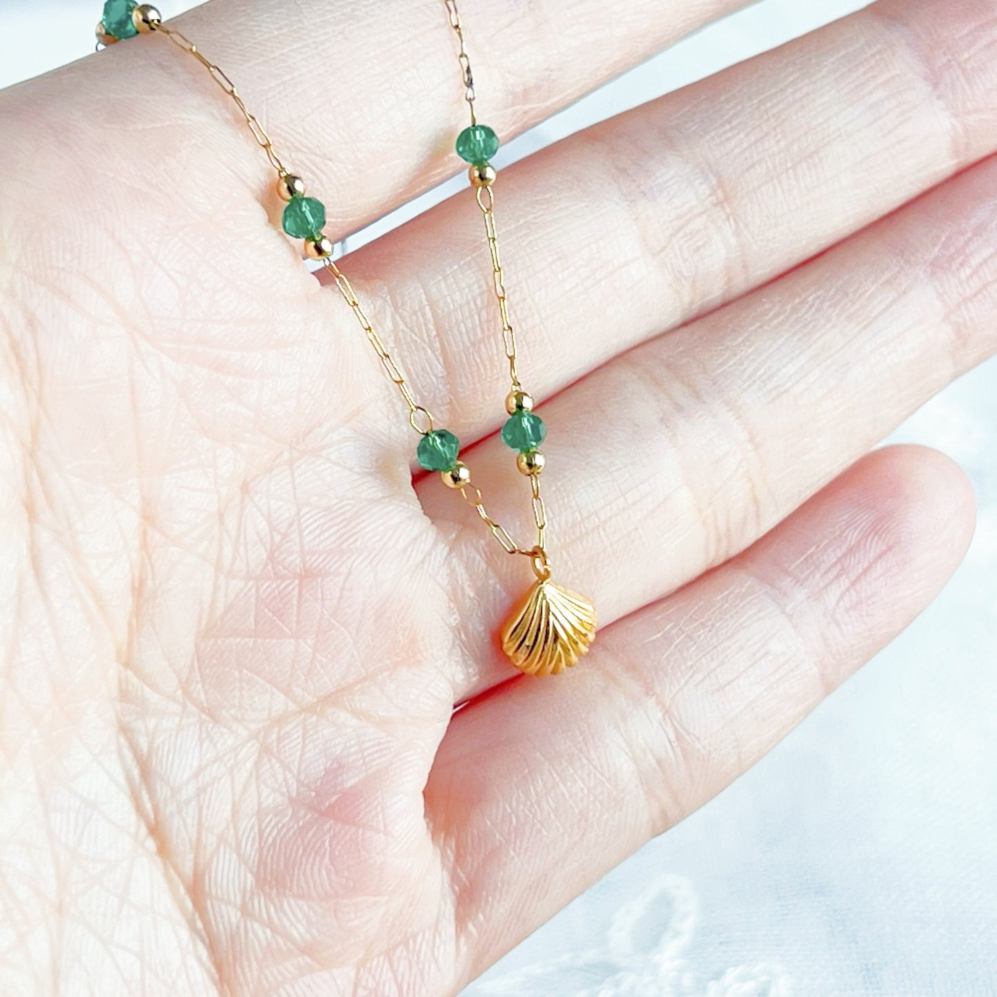 Gold Shell and Green Crystal Beads Chain Necklace-Ninaouity
