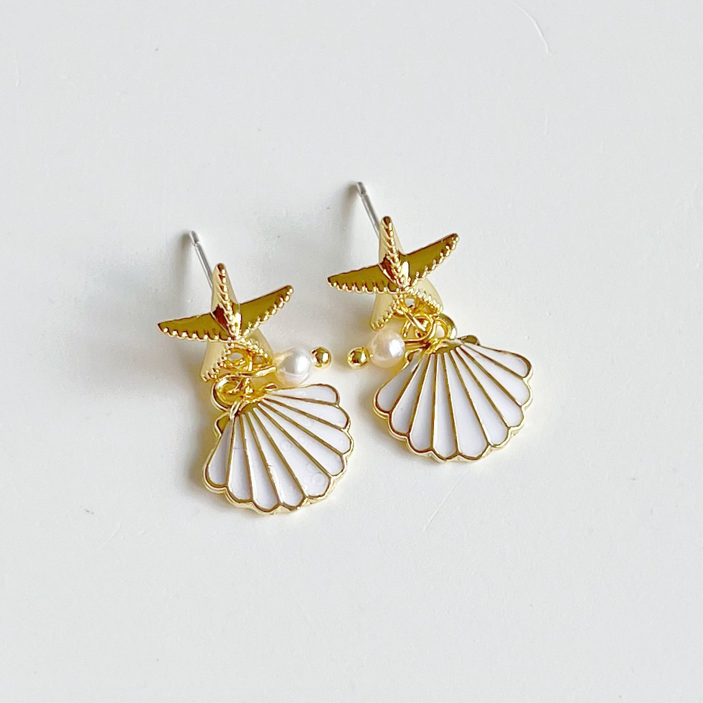 Gold Starfish and Seashell with Mini Pearl Drop Earrings-Ninaouity