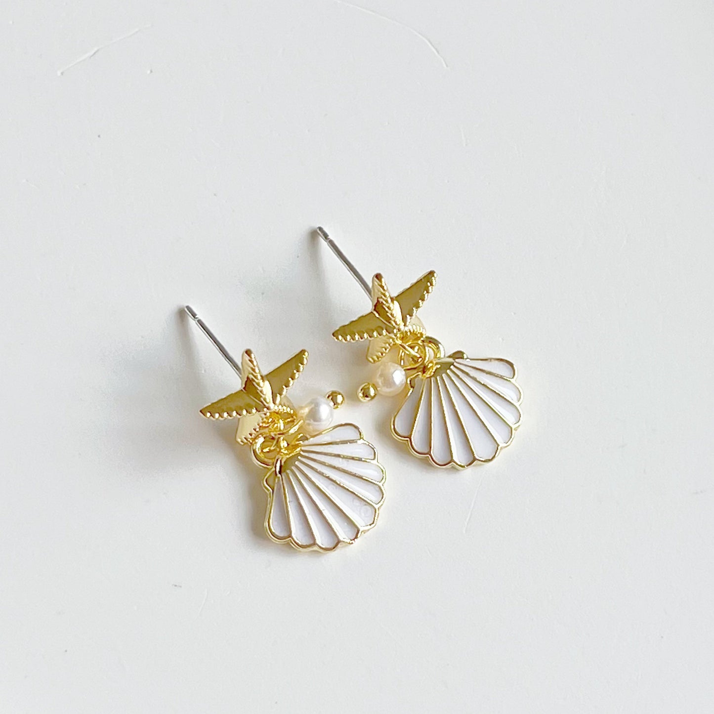 Gold Starfish and Seashell with Mini Pearl Drop Earrings-Ninaouity