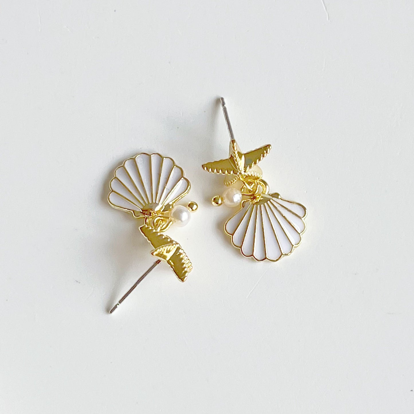 Gold Starfish and Seashell with Mini Pearl Drop Earrings-Ninaouity