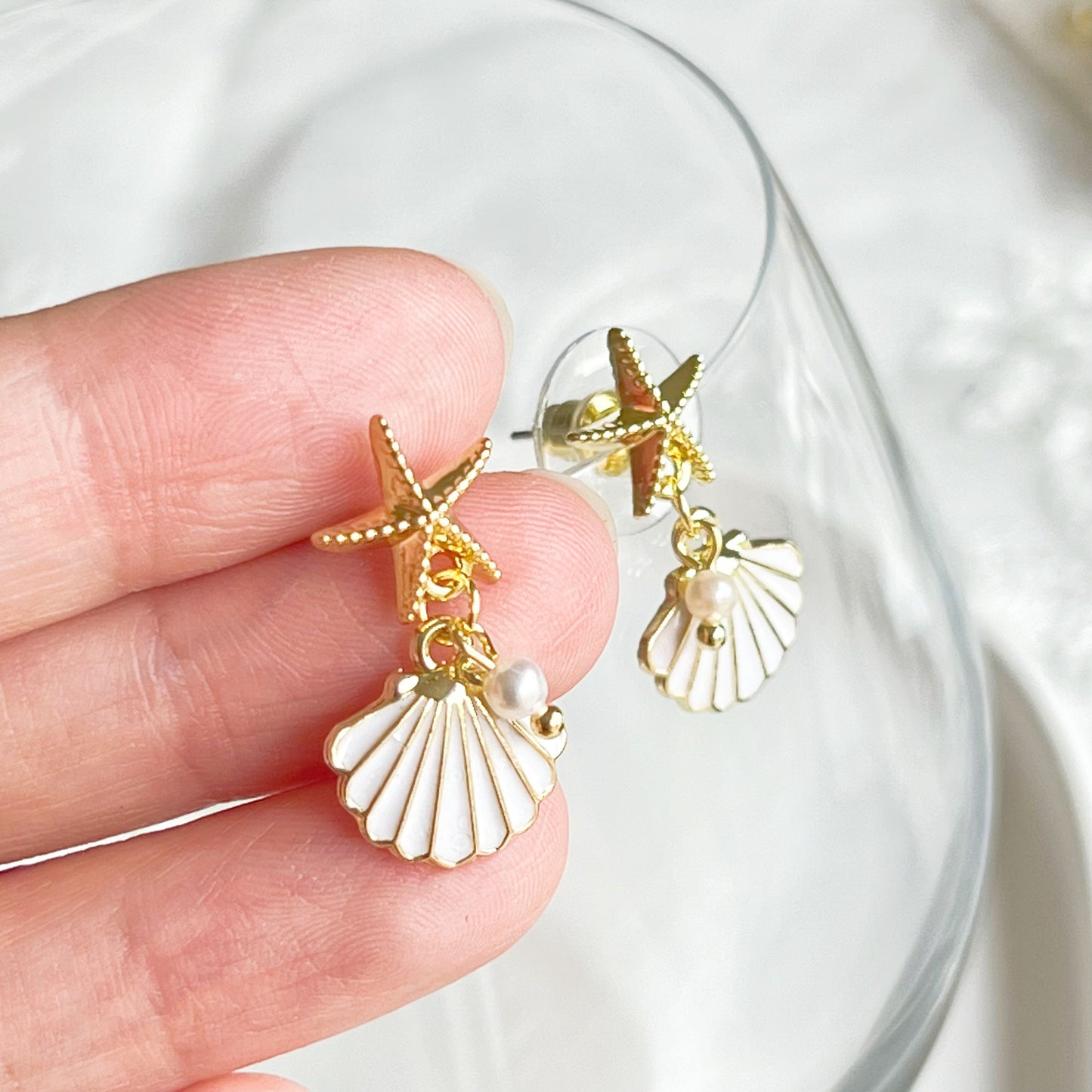 Gold Starfish and Seashell with Mini Pearl Drop Earrings-Ninaouity