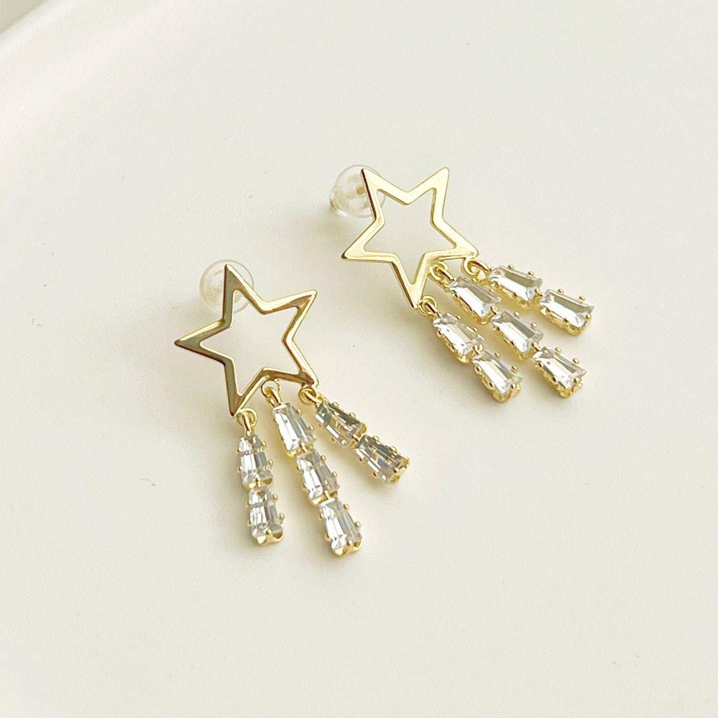Golden Shooting Stars Earrings - Star with Three Crystal Tails Stud Earrings-Ninaouity