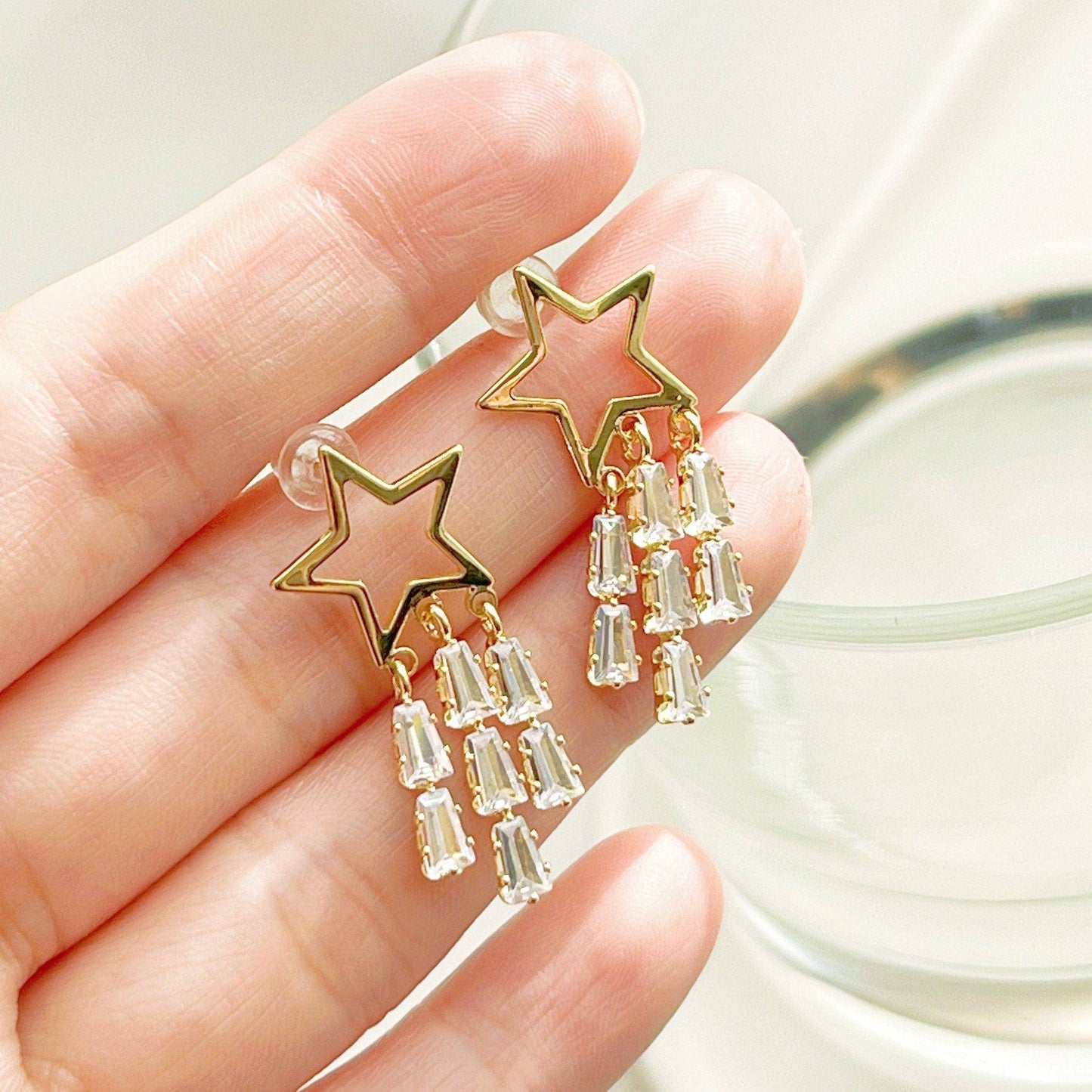 Golden Shooting Stars Earrings - Star with Three Crystal Tails Stud Earrings-Ninaouity