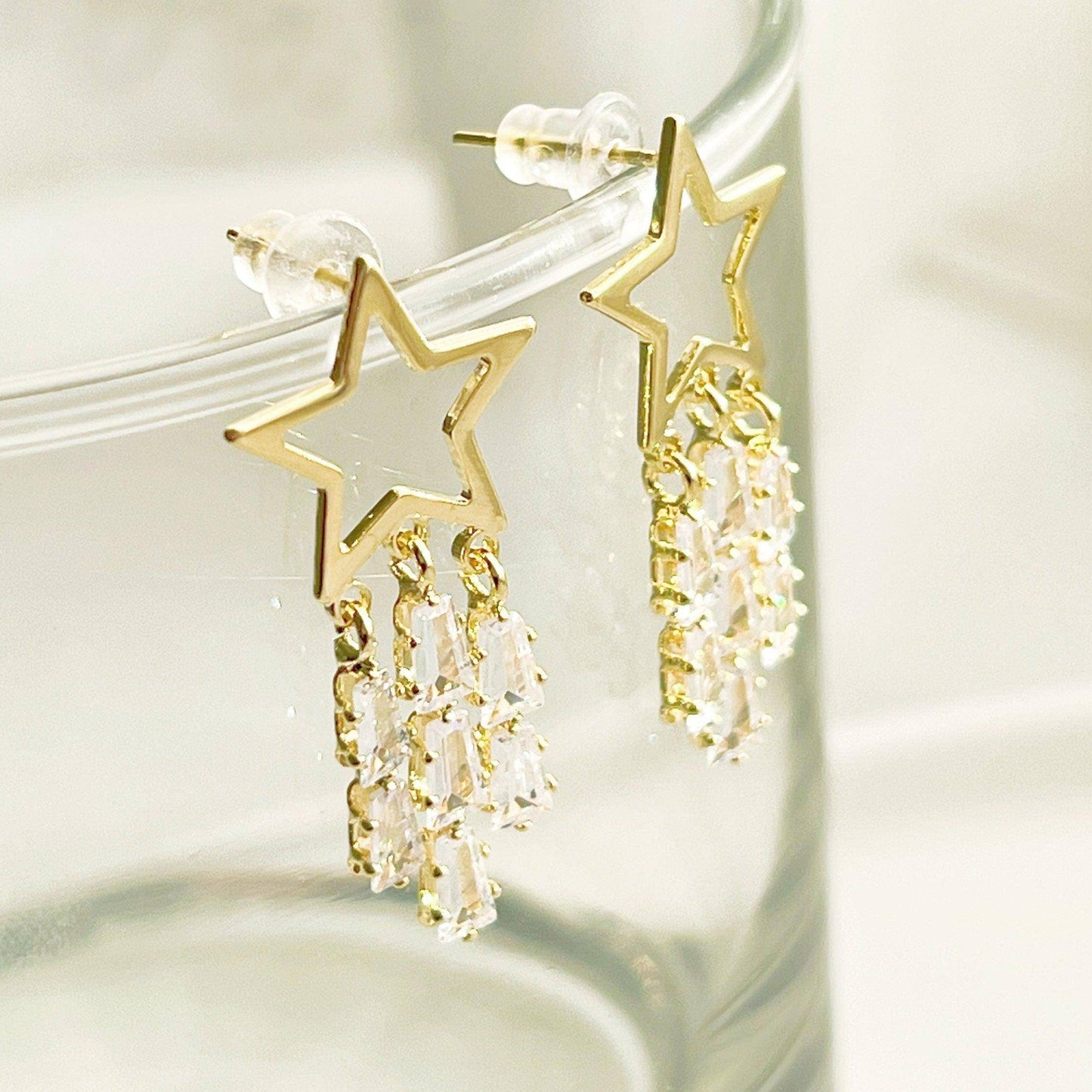 Golden Shooting Stars Earrings - Star with Three Crystal Tails Stud Earrings-Ninaouity