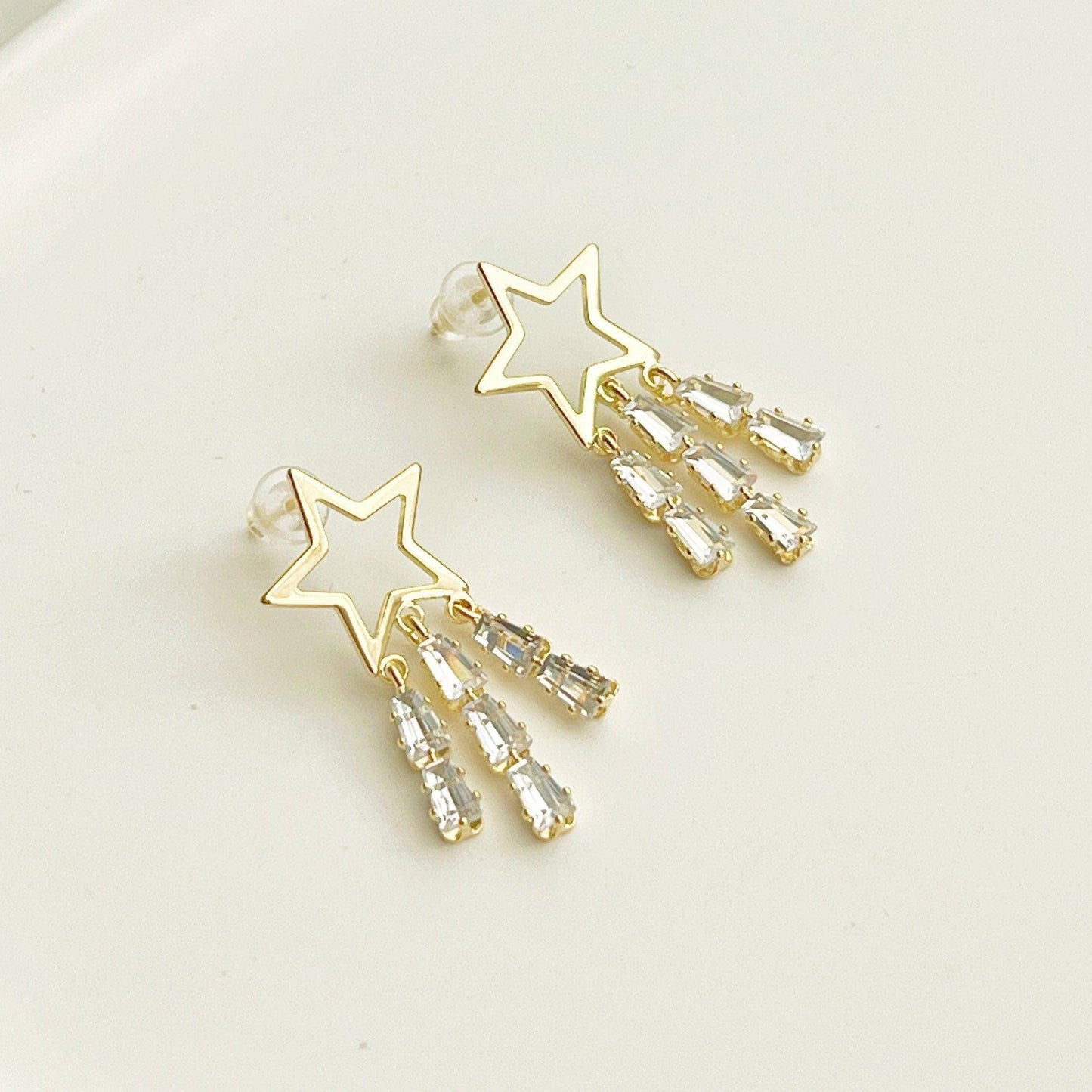 Golden Shooting Stars Earrings - Star with Three Crystal Tails Stud Earrings-Ninaouity