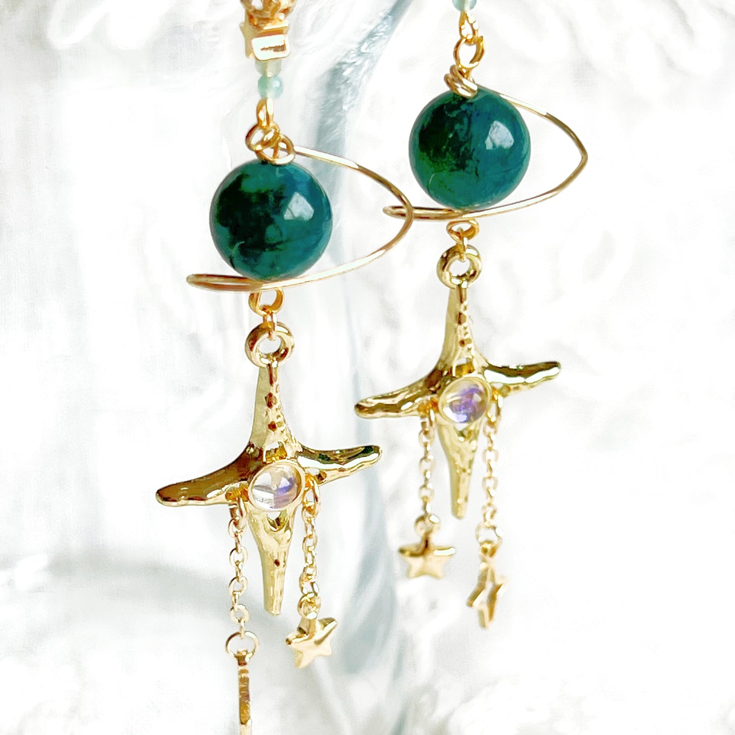 Green Apatite Planet and North Star Drop Earrings-Ninaouity