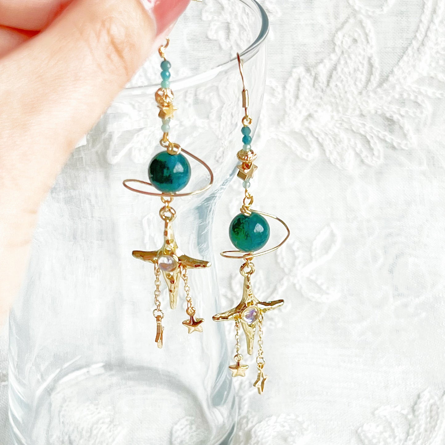 Green Apatite Planet and North Star Drop Earrings-Ninaouity