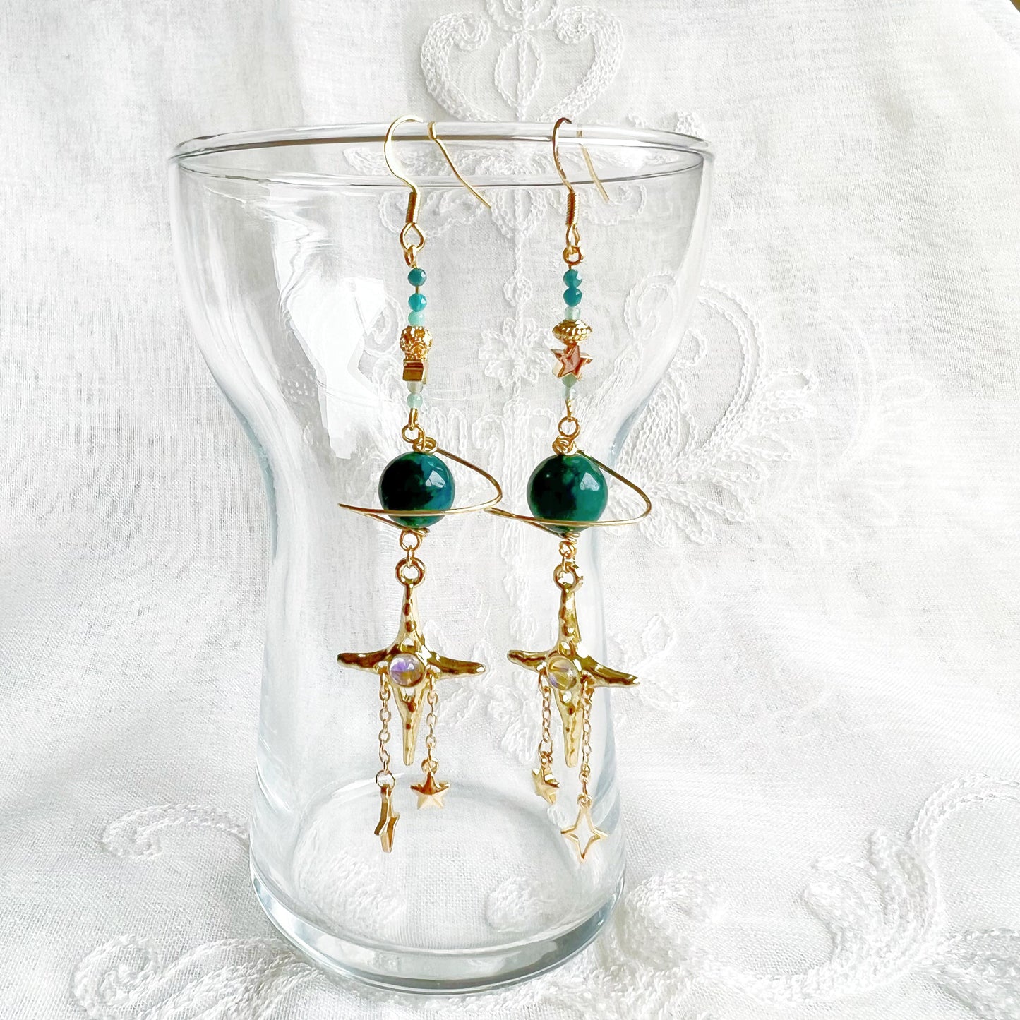 Green Apatite Planet and North Star Drop Earrings-Ninaouity