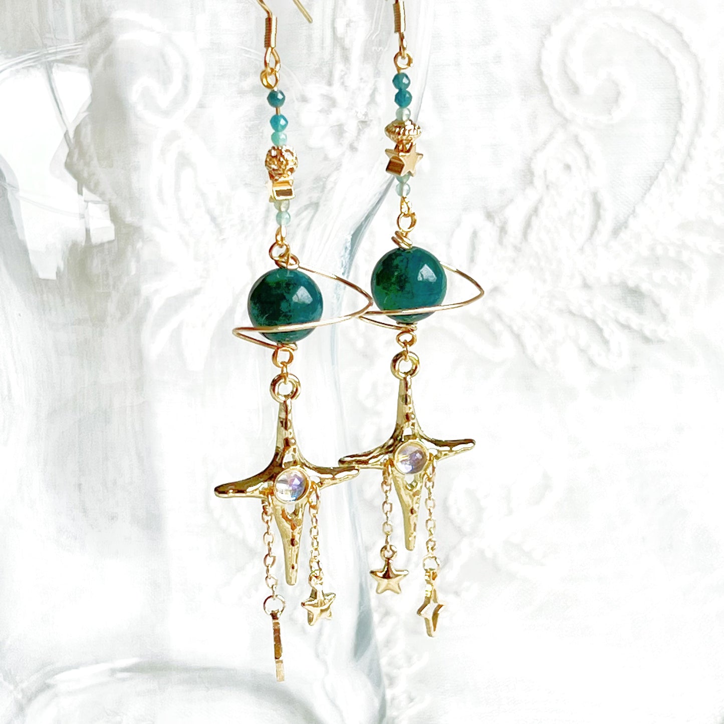 Green Apatite Planet and North Star Drop Earrings-Ninaouity
