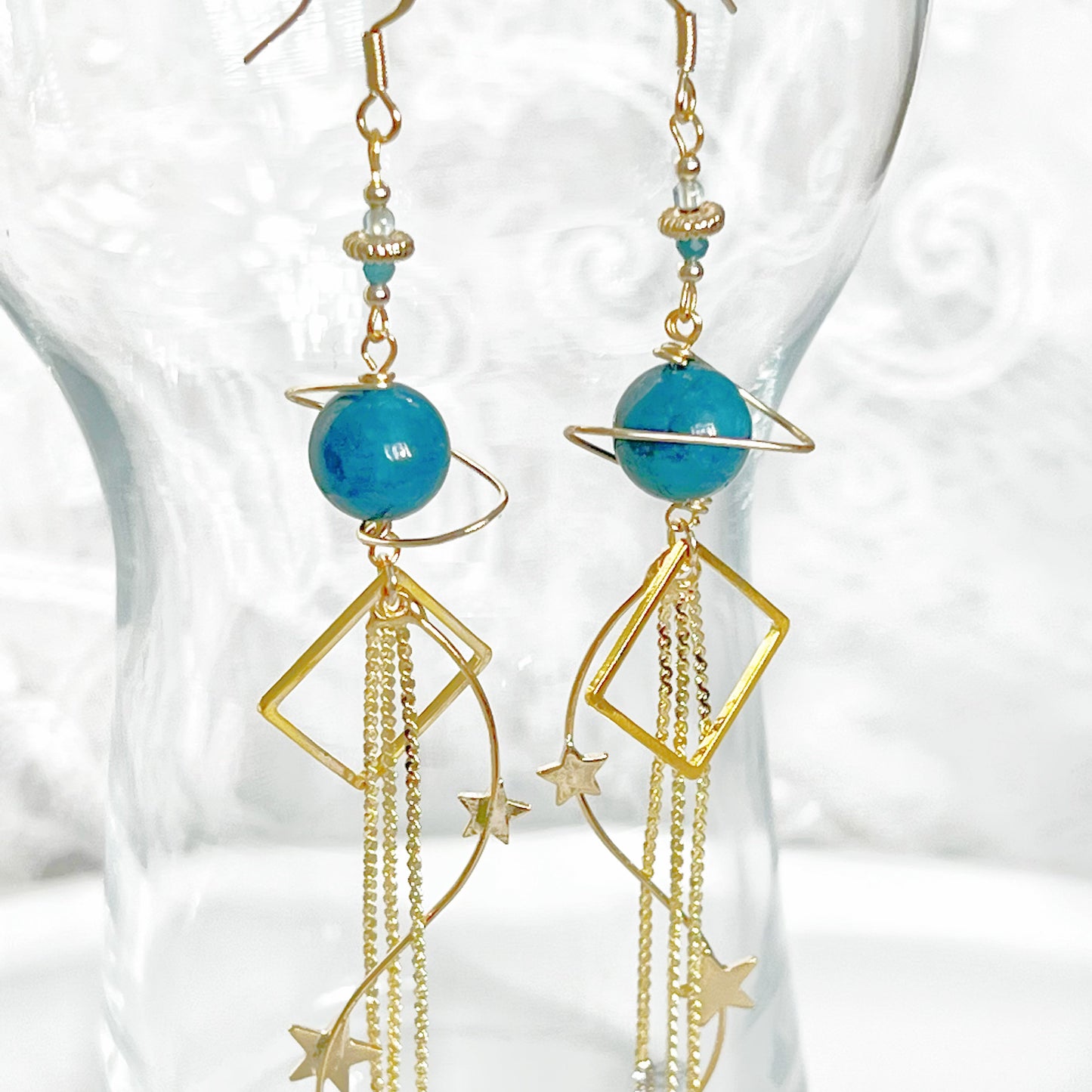 Green Apatite Planet and Shooting Stars Long Drop Earrings-Ninaouity