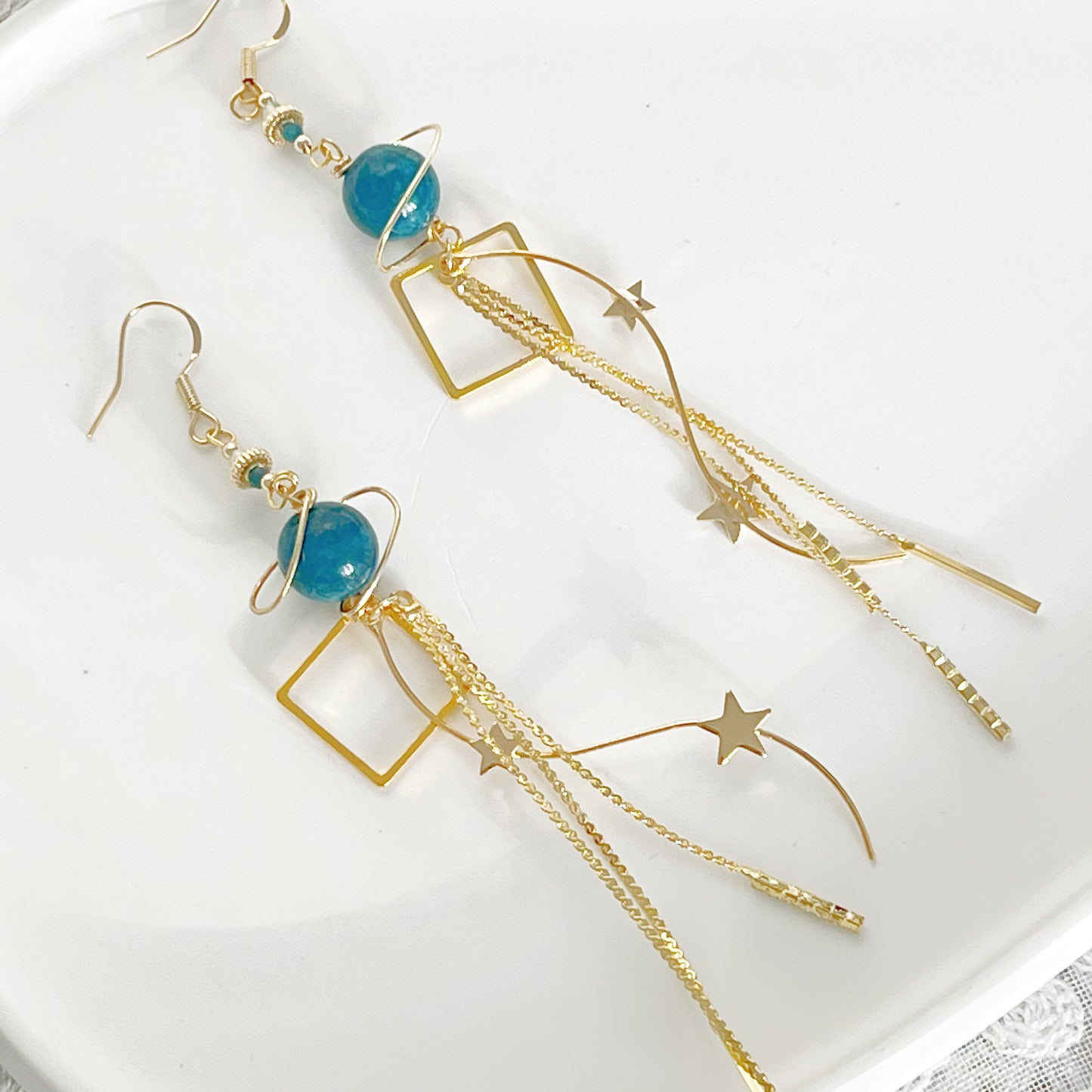Green Apatite Planet and Shooting Stars Long Drop Earrings-Ninaouity