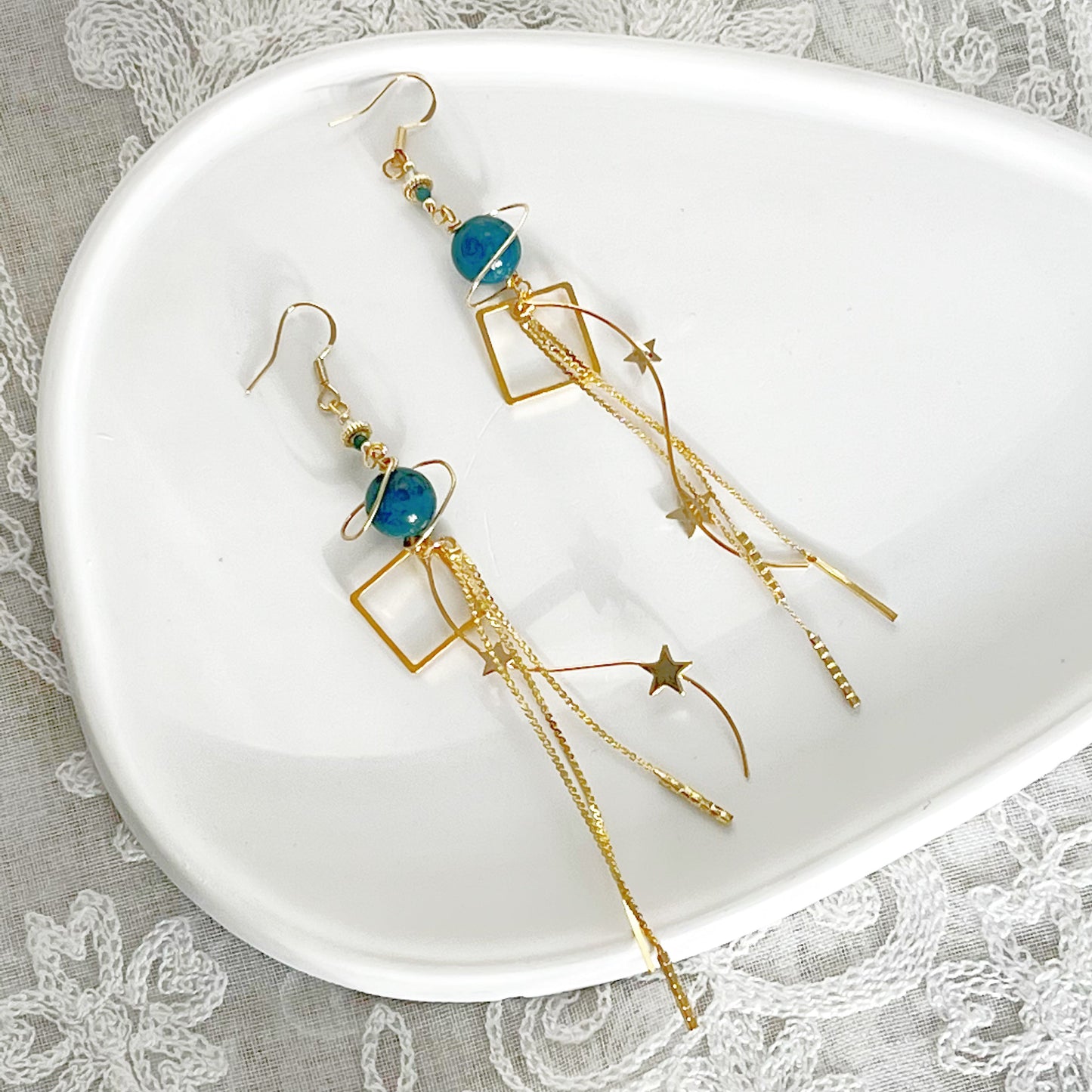 Green Apatite Planet and Shooting Stars Long Drop Earrings-Ninaouity