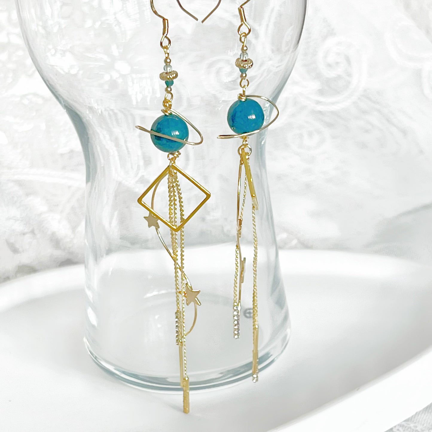 Green Apatite Planet and Shooting Stars Long Drop Earrings-Ninaouity