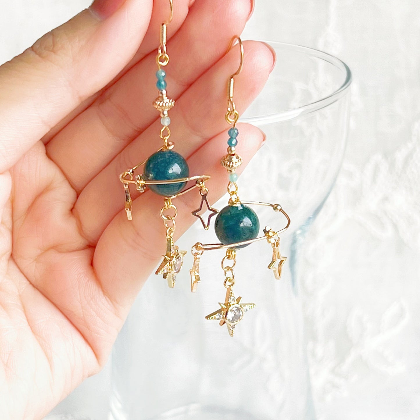 Green Apatite Planet and Stars Drop Earrings-Ninaouity