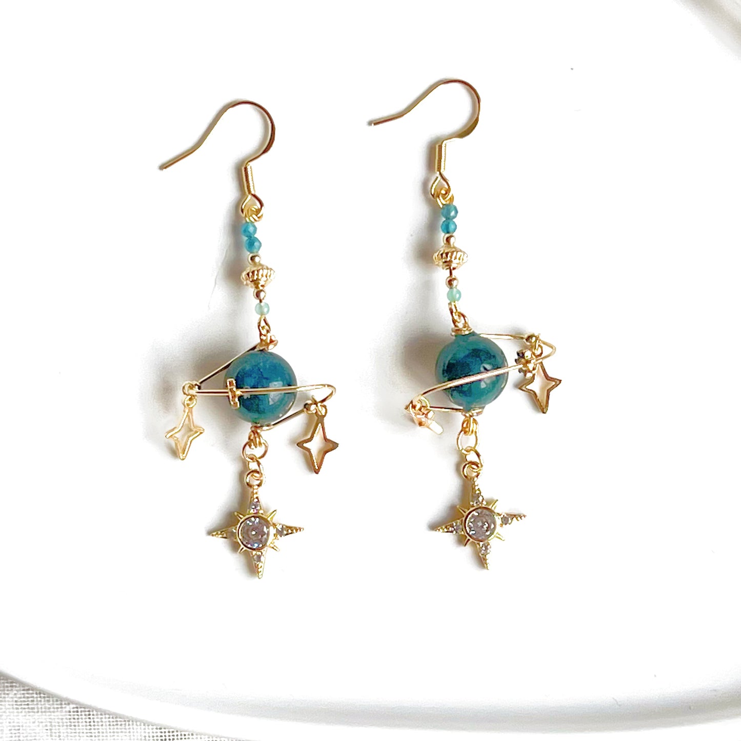 Green Apatite Planet and Stars Drop Earrings-Ninaouity