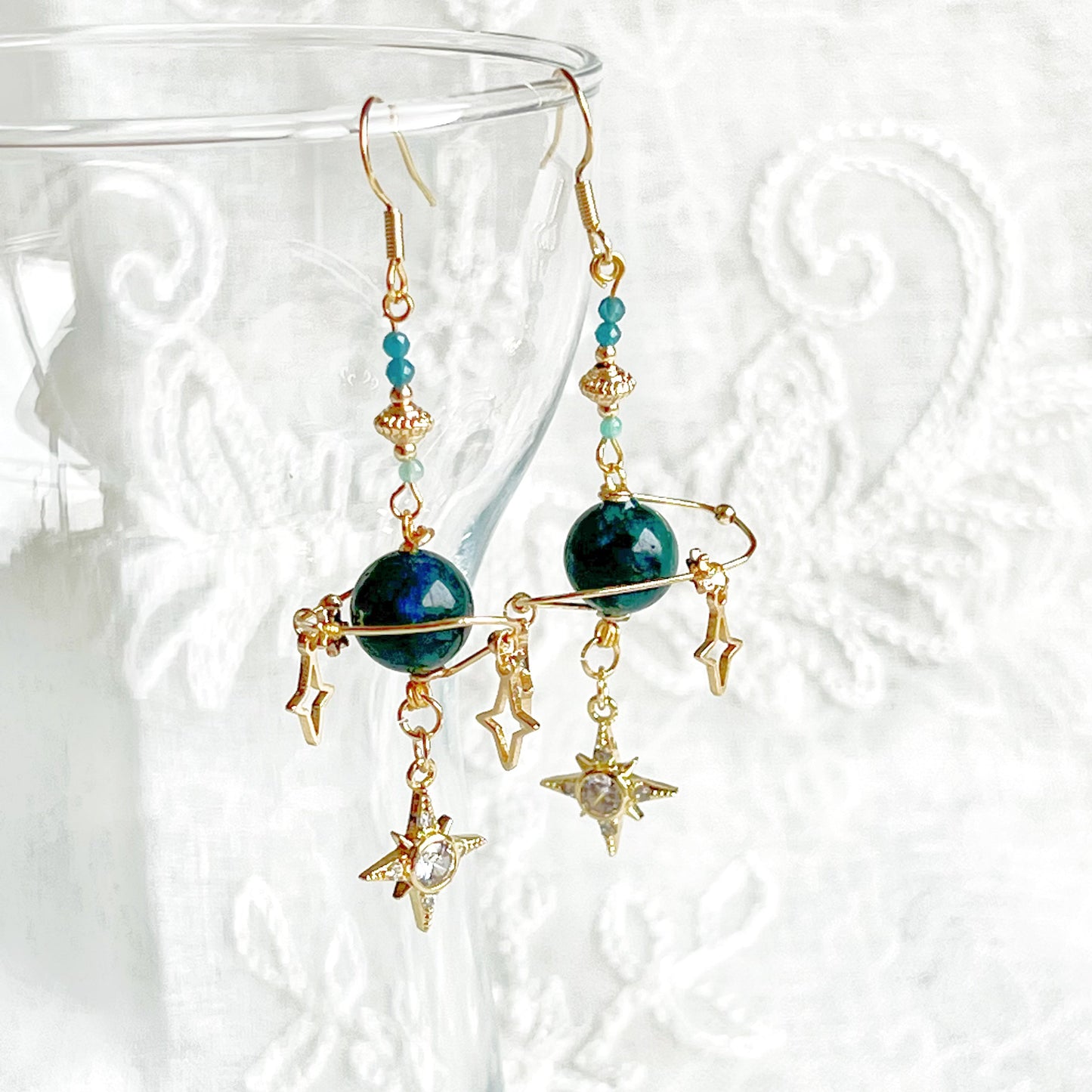 Green Apatite Planet and Stars Drop Earrings-Ninaouity