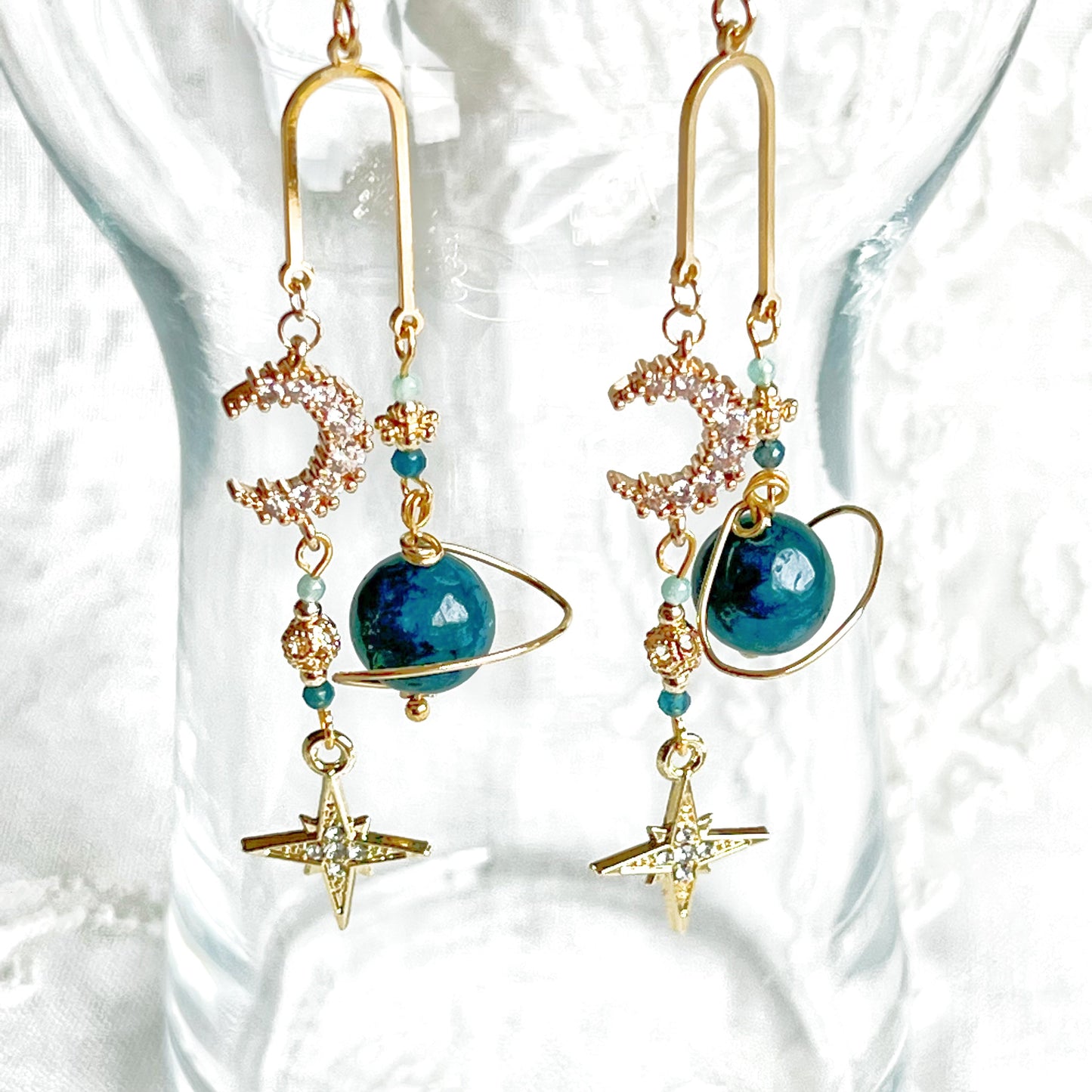 Green Apatite Planet Moon and North Star Drop Earrings-Ninaouity