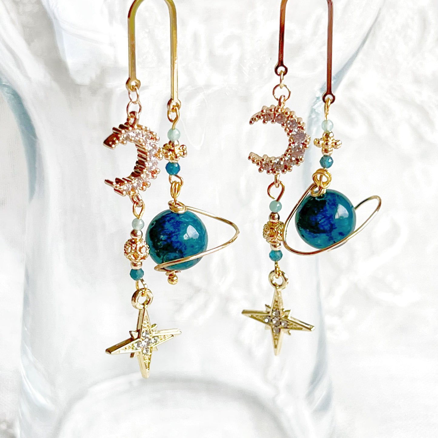 Green Apatite Planet Moon and North Star Drop Earrings-Ninaouity