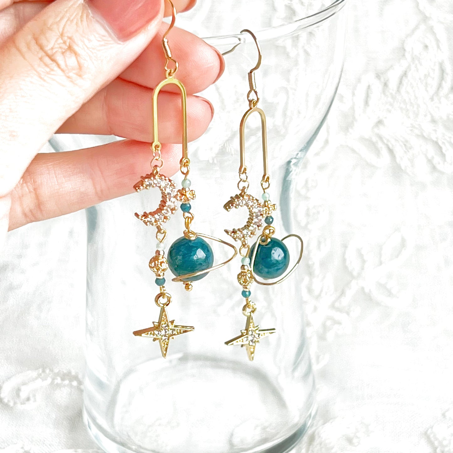 Green Apatite Planet Moon and North Star Drop Earrings-Ninaouity