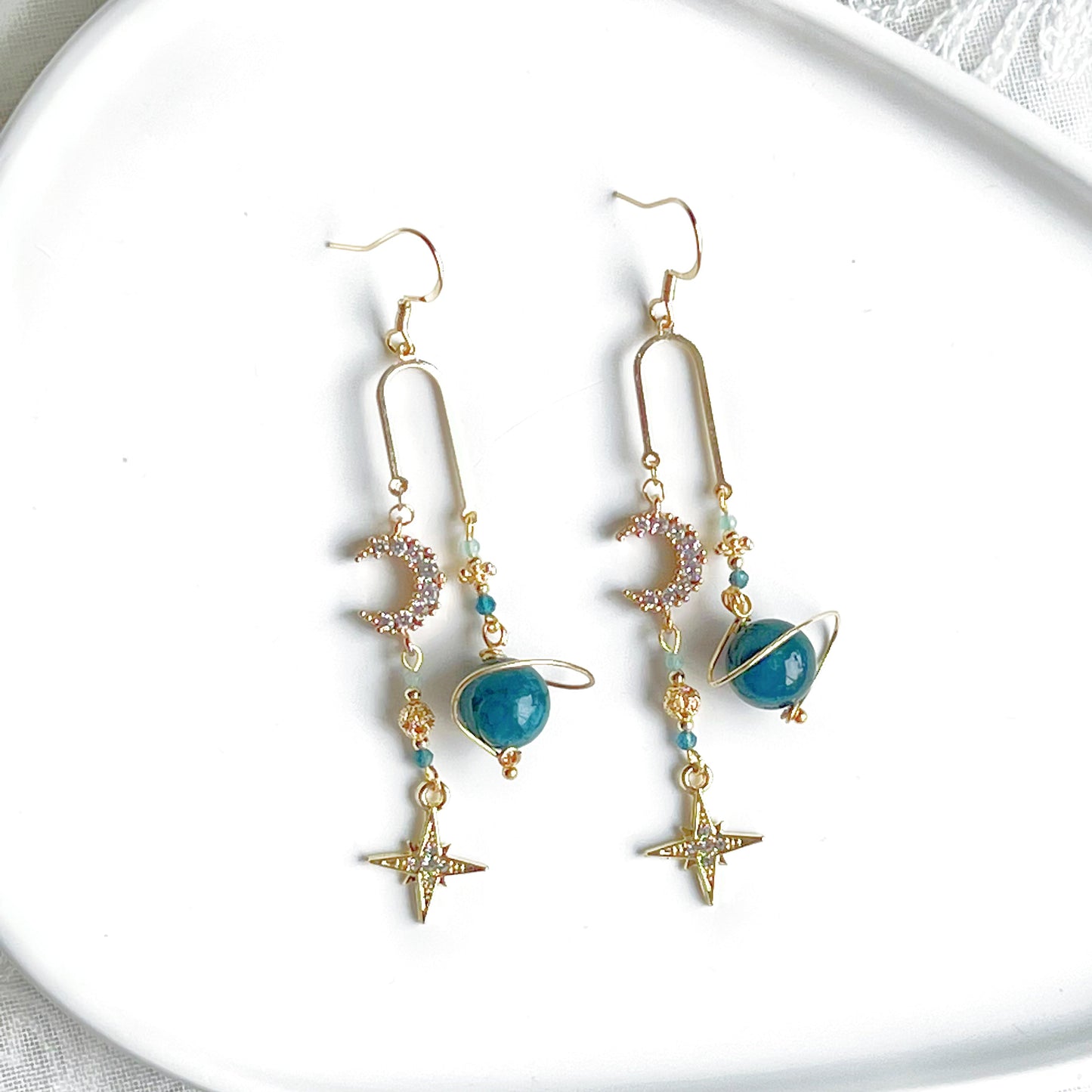 Green Apatite Planet Moon and North Star Drop Earrings-Ninaouity