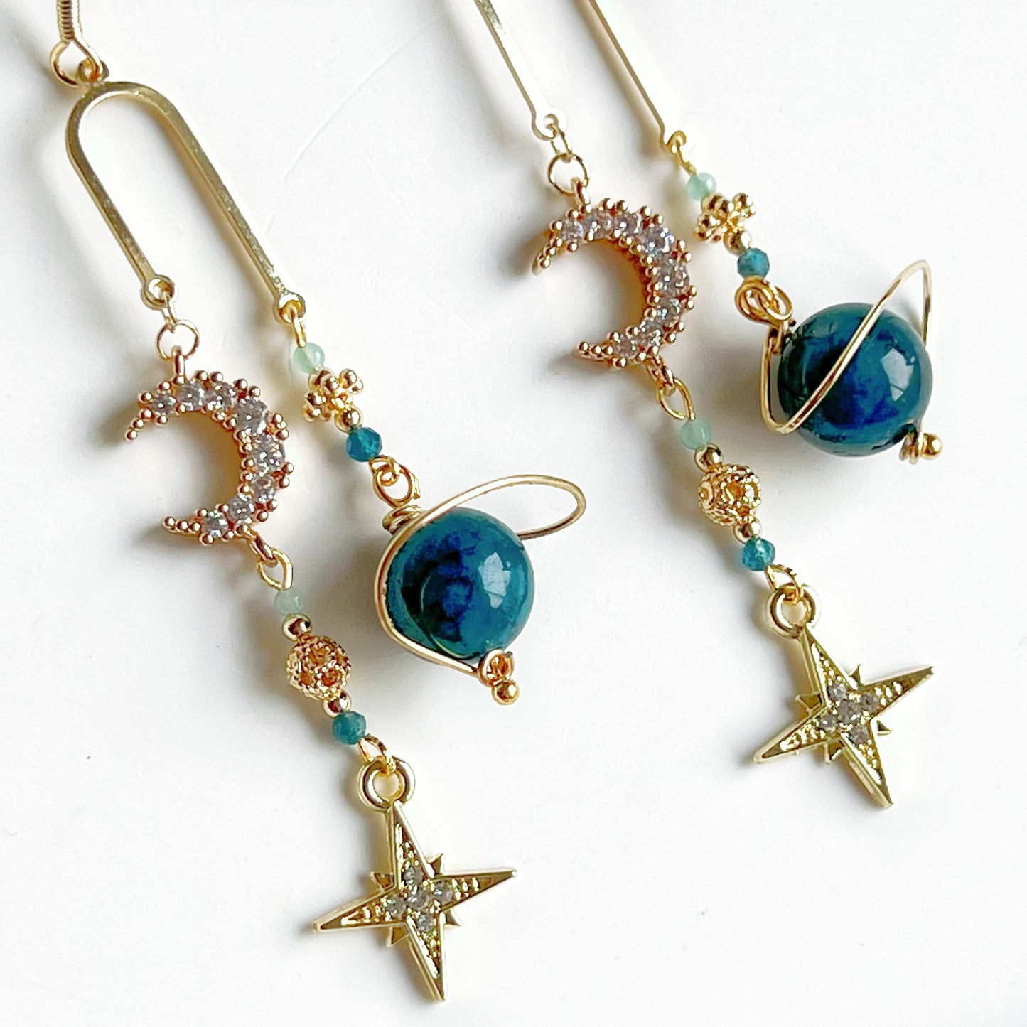 Green Apatite Planet Moon and North Star Drop Earrings-Ninaouity