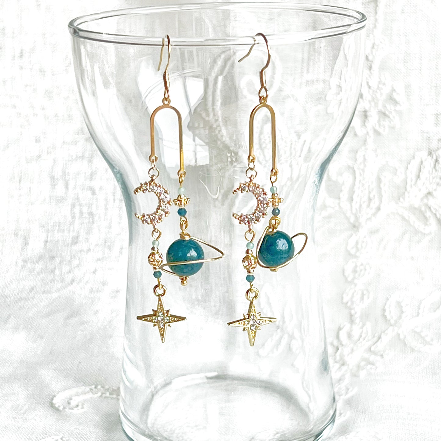 Green Apatite Planet Moon and North Star Drop Earrings-Ninaouity