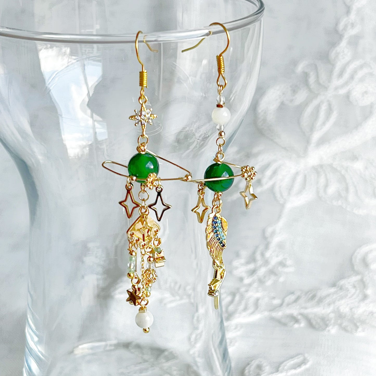 Green Chalcedony Planet and Wing Earrings-Ninaouity