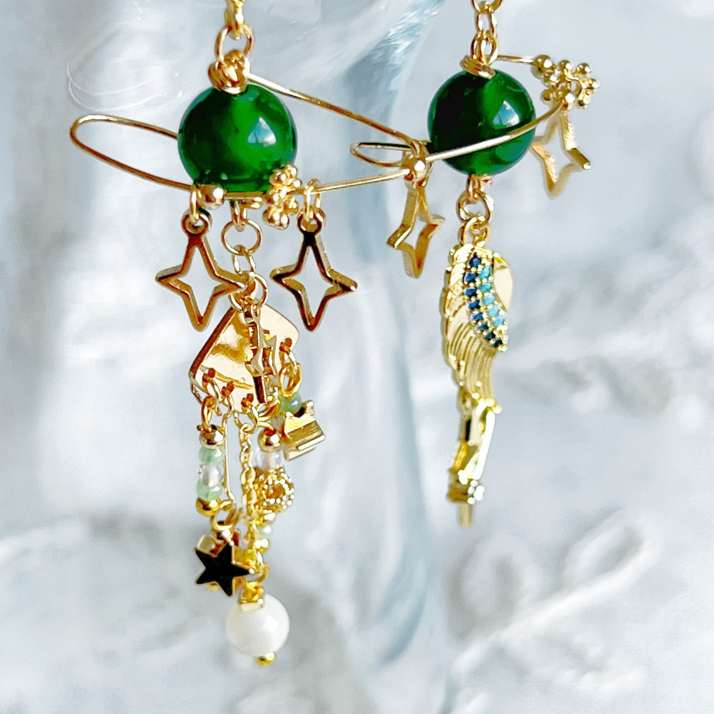 Green Chalcedony Planet and Wing Earrings-Ninaouity