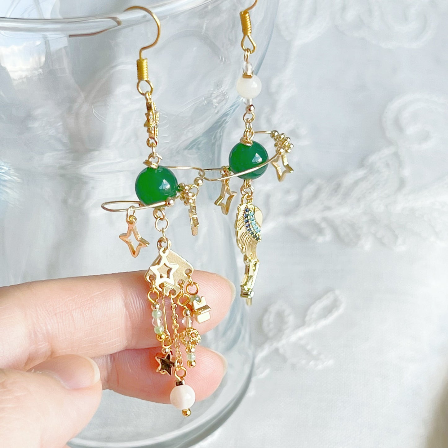 Green Chalcedony Planet and Wing Earrings-Ninaouity