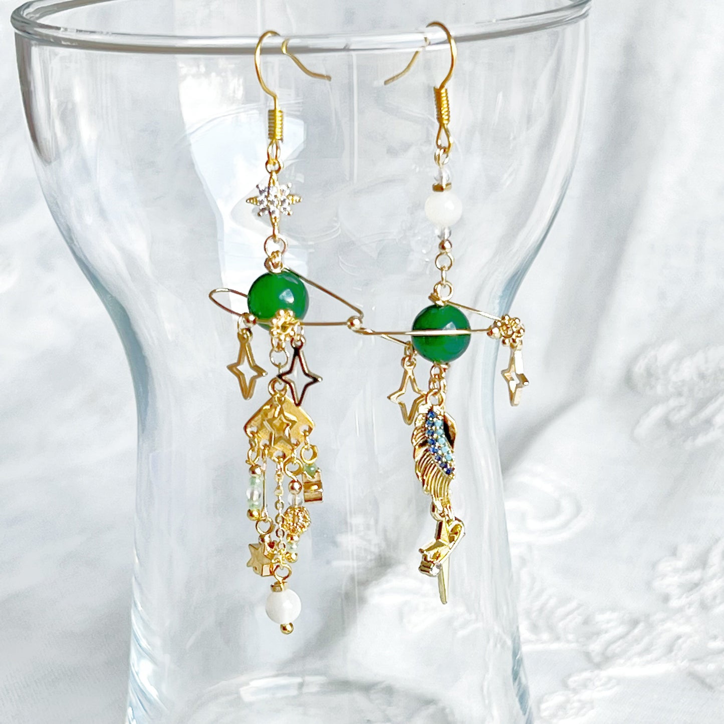 Green Chalcedony Planet and Wing Earrings-Ninaouity