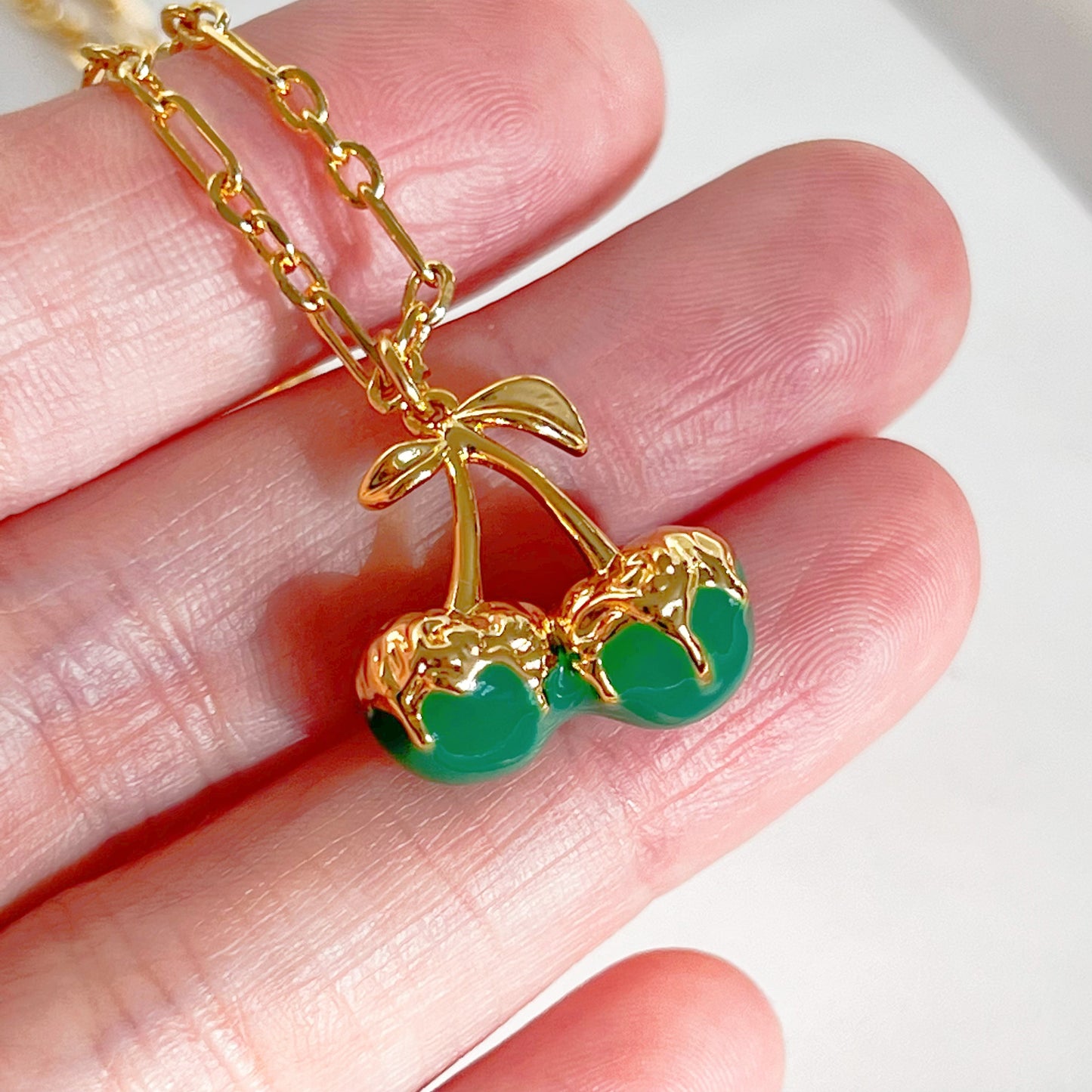 Green Cherry in Gold Chain Necklace-Ninaouity