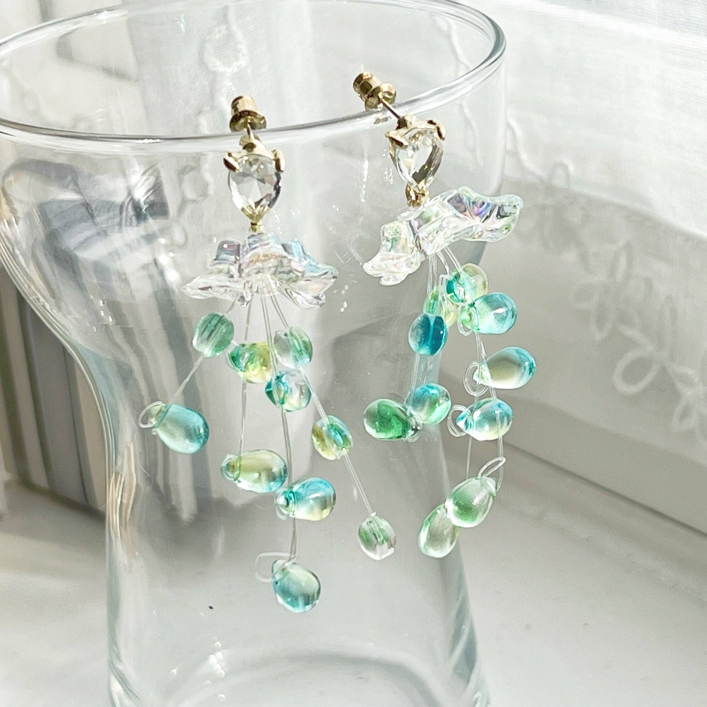 Green Drop with Crystal Flower - String-of Pearls-Drop Earrings-Ninaouity