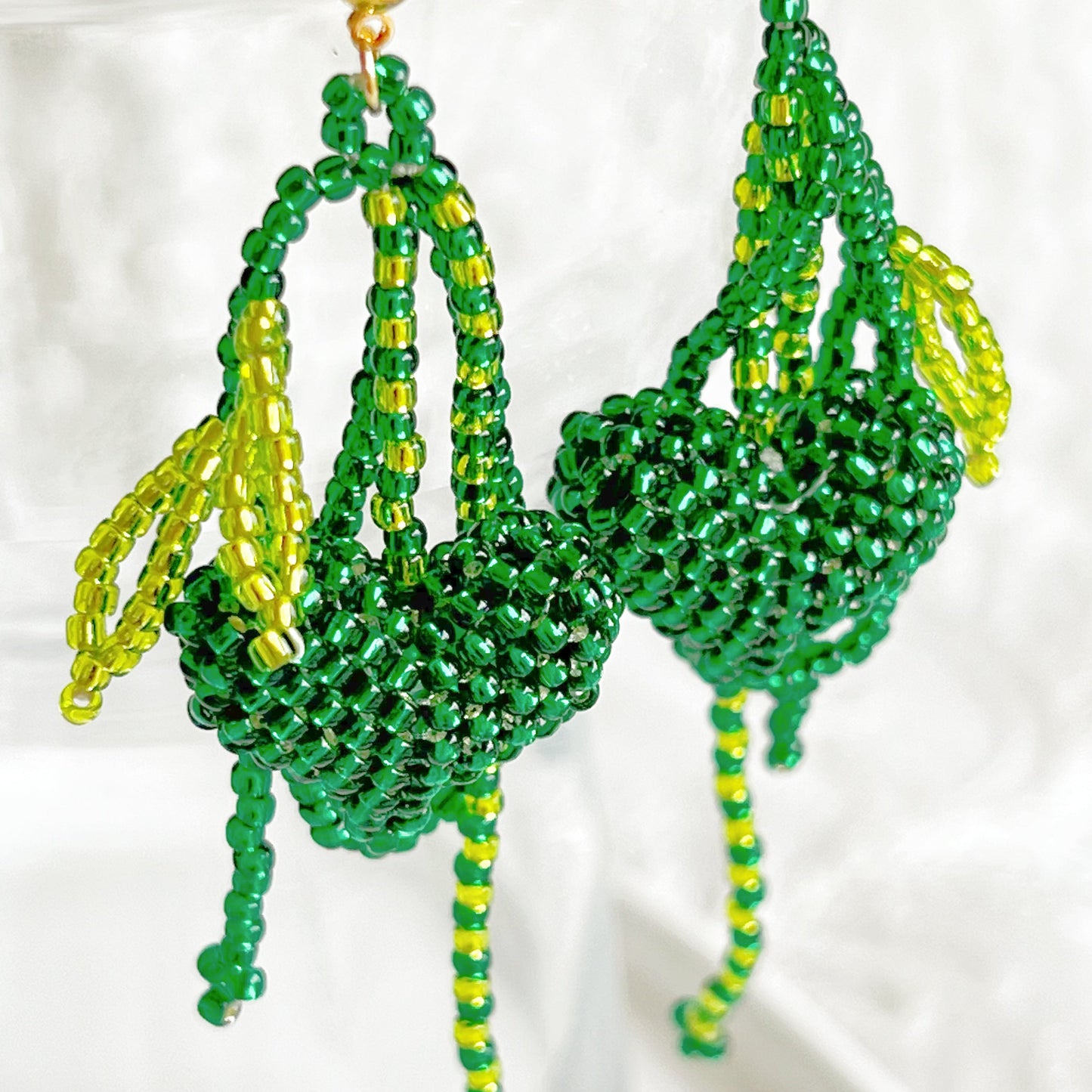 Green Heart and Leaves Beaded Earrings-Ninaouity