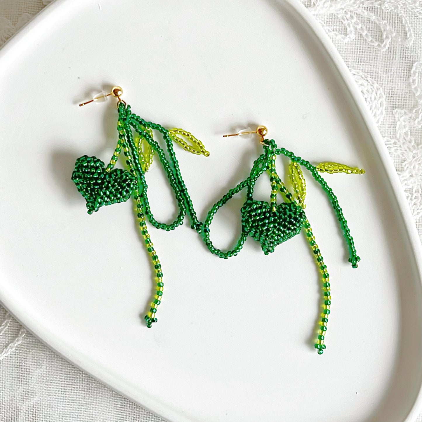 Green Heart and Leaves Beaded Earrings-Ninaouity
