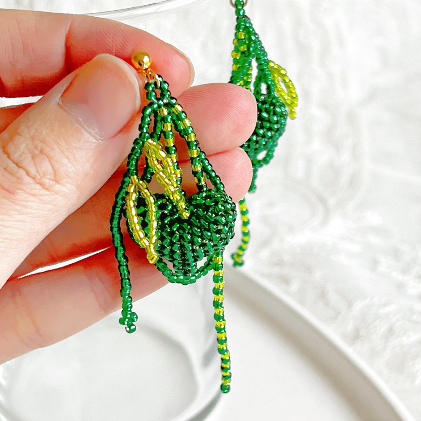 Green Heart and Leaves Beaded Earrings-Ninaouity