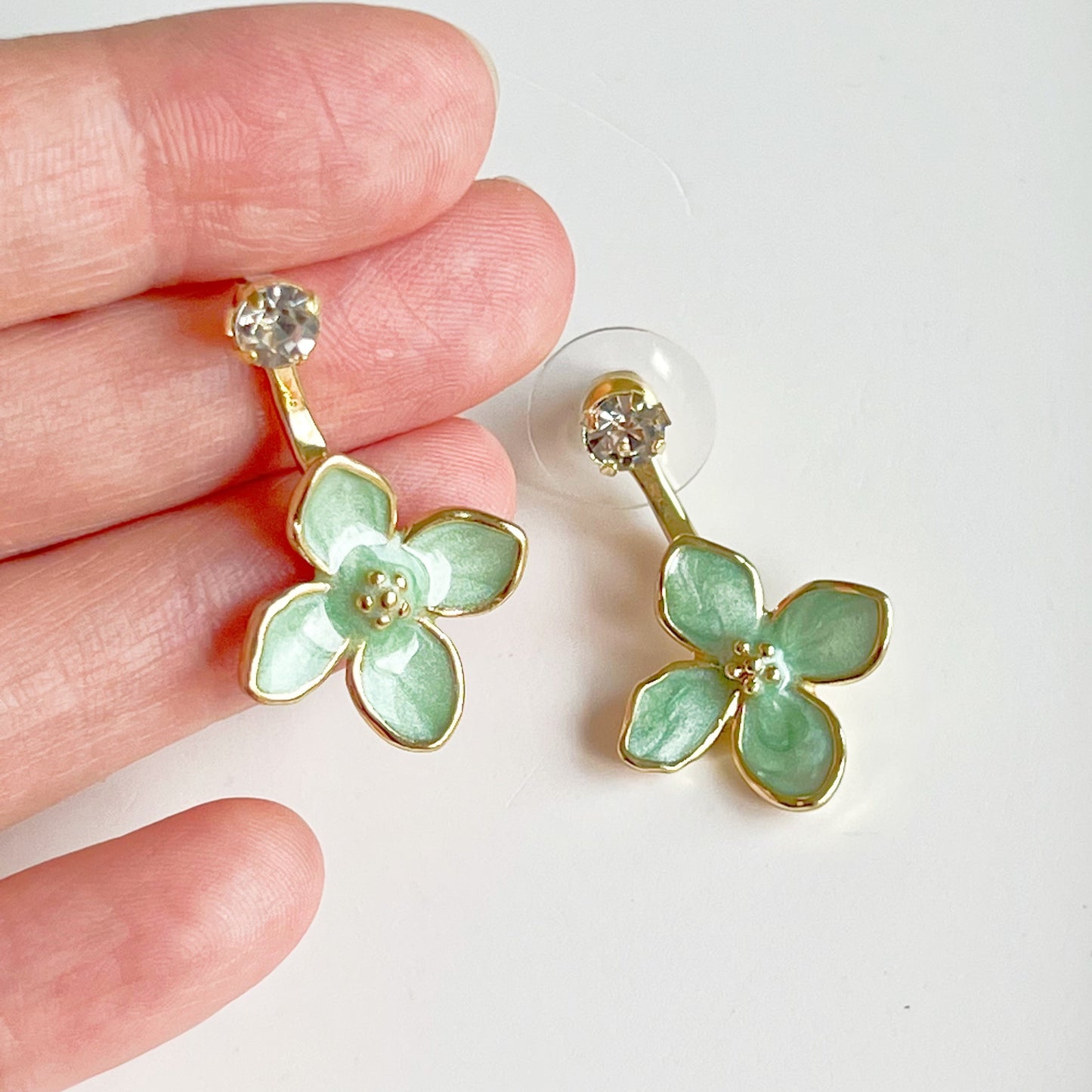 Green Hydrangea Flower Ear Jacket Style Earrings-Ninaouity