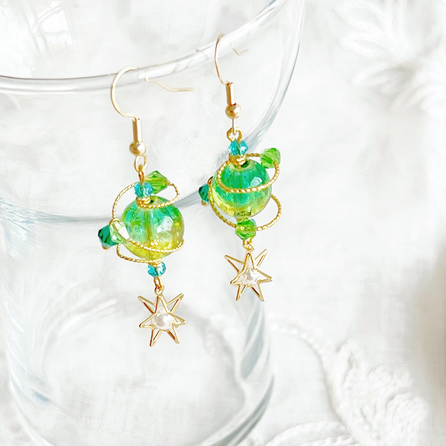 Green Planet Uranus Earrings - Green Orb with Star Drop Earrings-Ninaouity