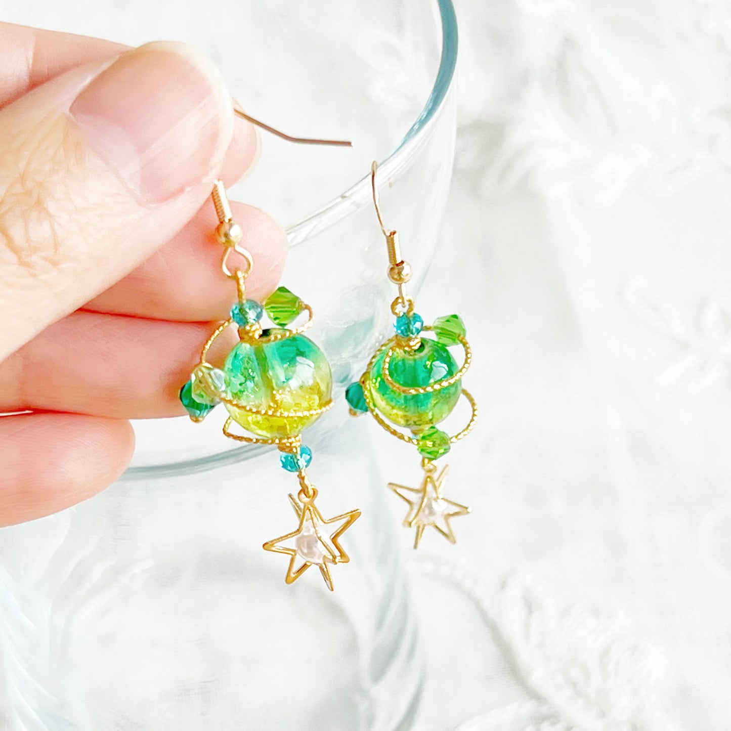 Green Planet Uranus Earrings - Green Orb with Star Drop Earrings-Ninaouity
