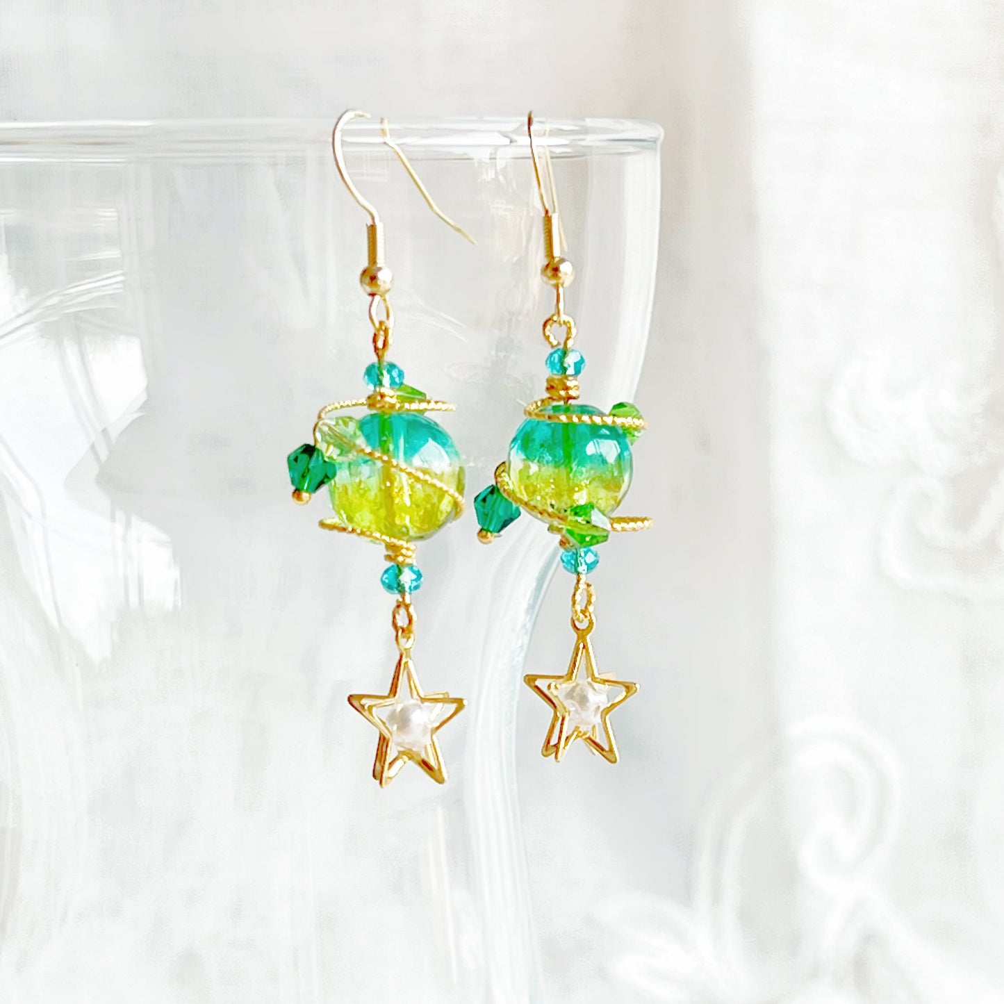 Green Planet Uranus Earrings - Green Orb with Star Drop Earrings-Ninaouity