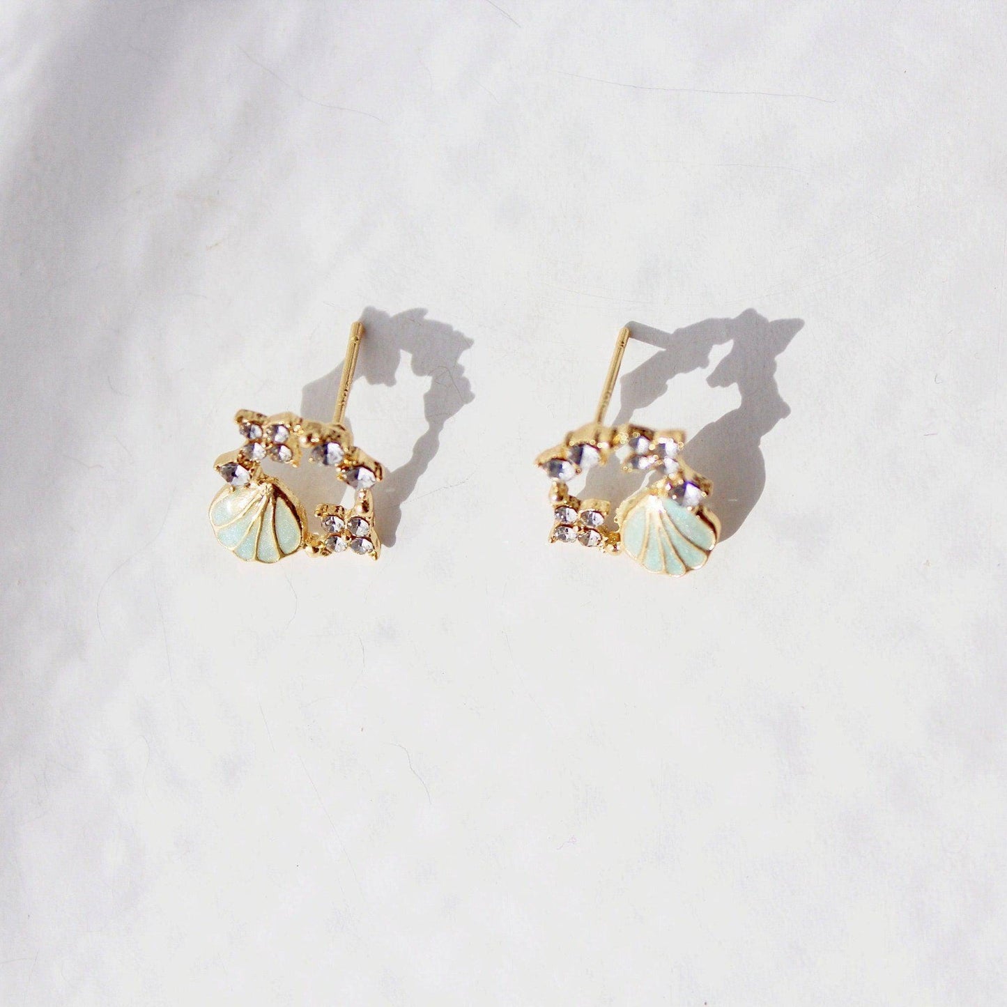 Green Seashell Earrings - Summer Beach Night Crystal Stars Earrings-Ninaouity