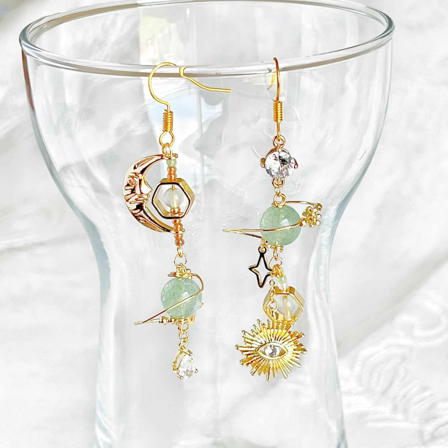 Green Strawberry Quartz Planet Evil Eye Earrings-Ninaouity