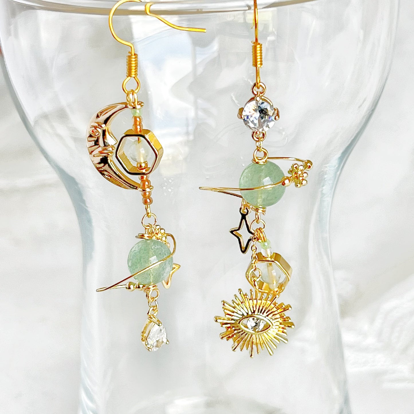 Green Strawberry Quartz Planet Evil Eye Earrings-Ninaouity