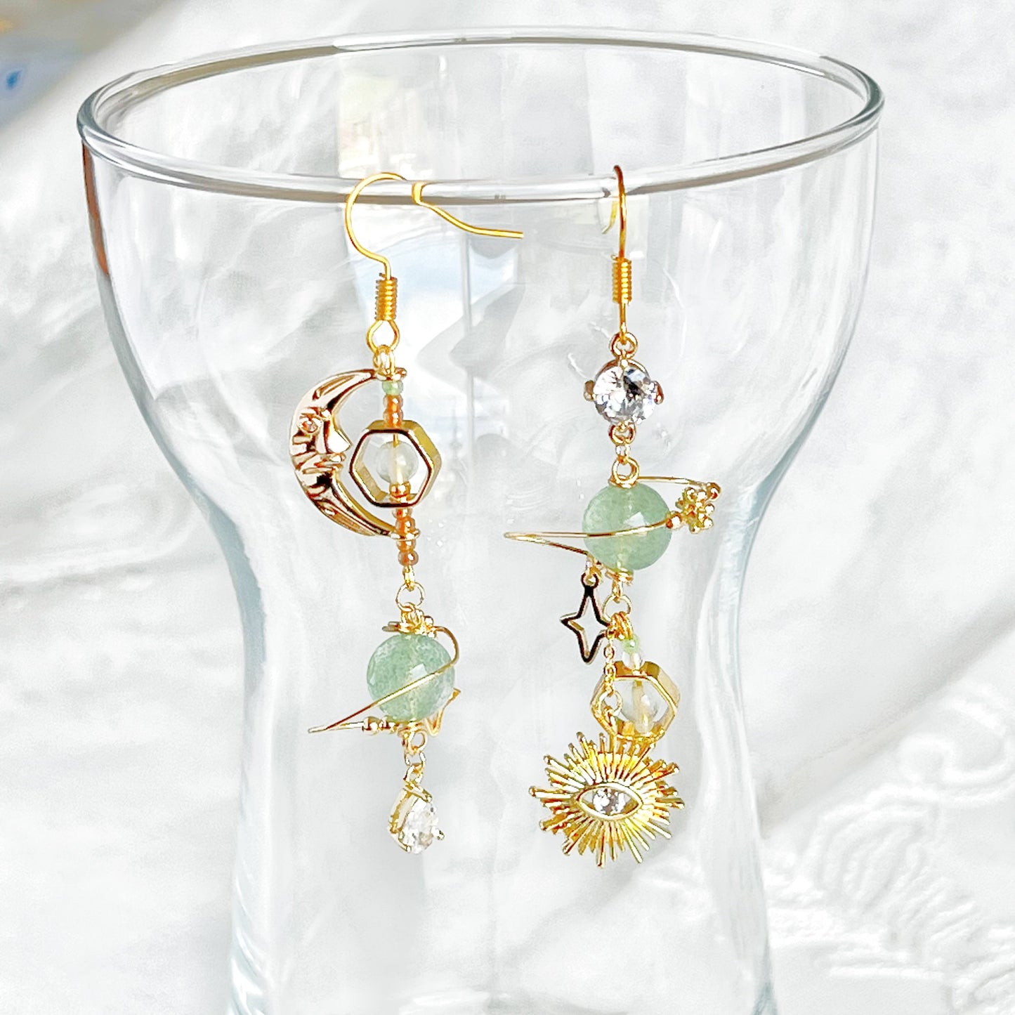 Green Strawberry Quartz Planet Evil Eye Earrings-Ninaouity