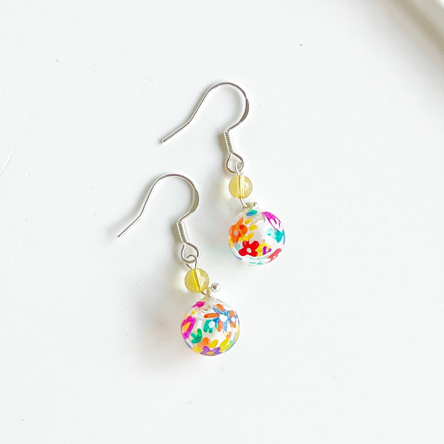 Hand Painted Flower on Mini Glass Globe with Pink Agate / Citrine Drop Earrings-Ninaouity