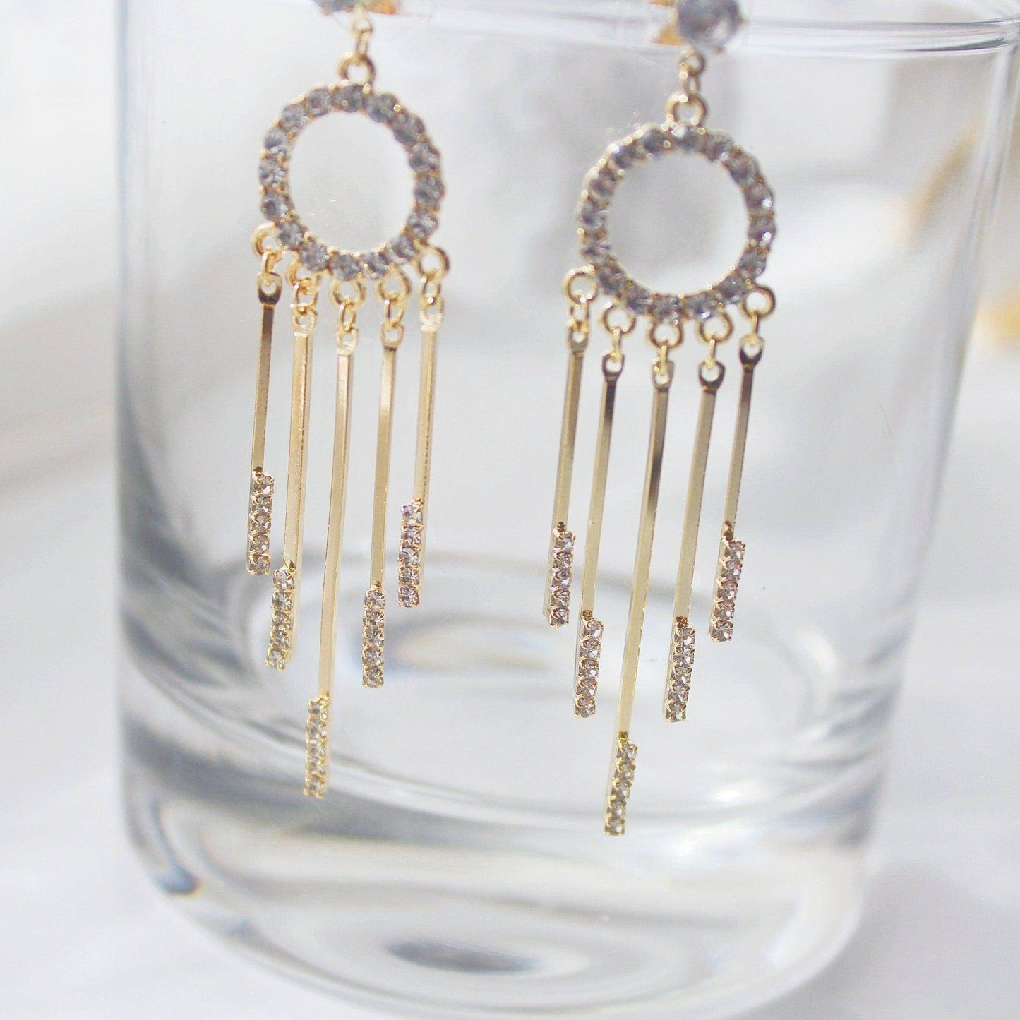 Hoop Fringe Earrings - Gold Crystal Circle Drop Earrings-Ninaouity