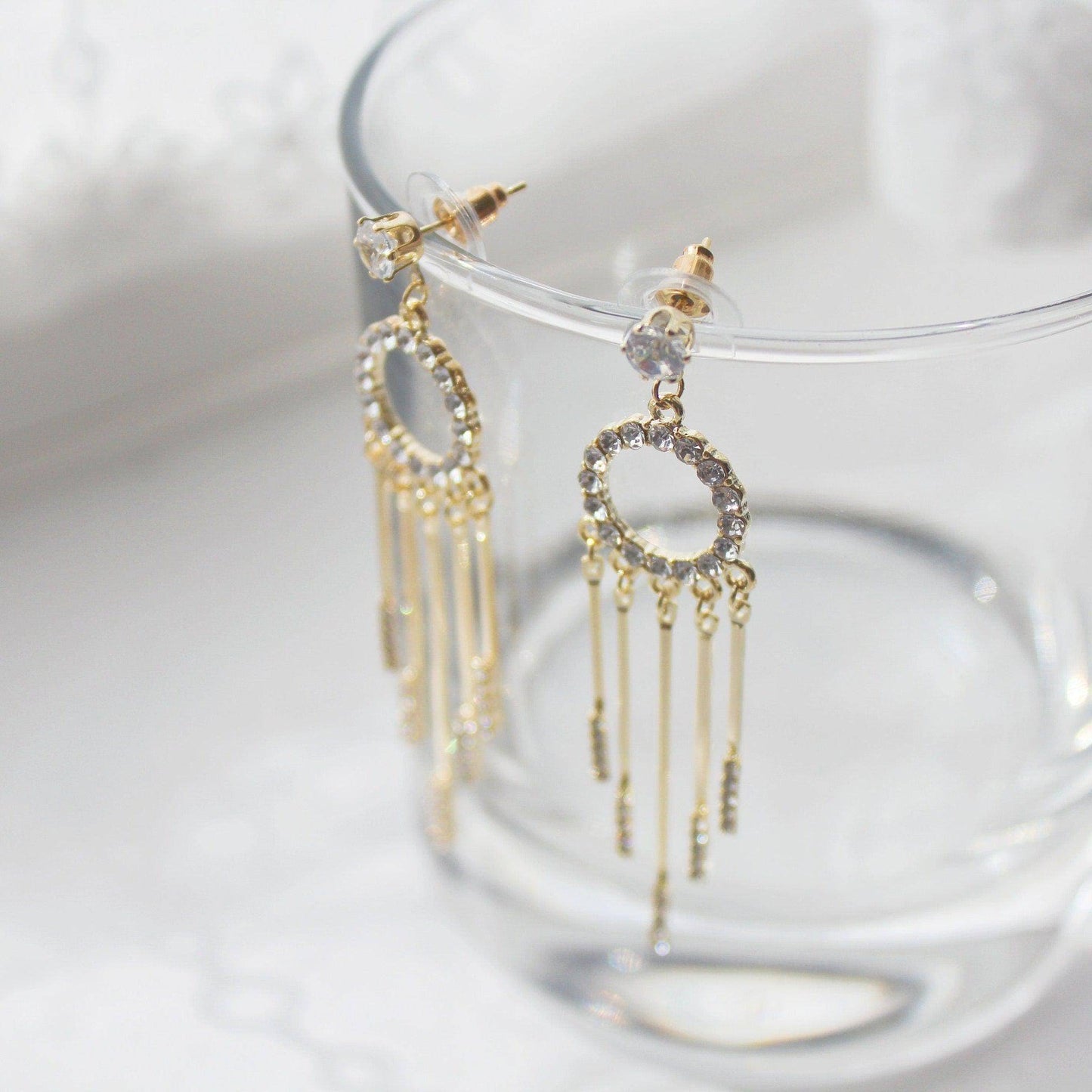 Hoop Fringe Earrings - Gold Crystal Circle Drop Earrings-Ninaouity