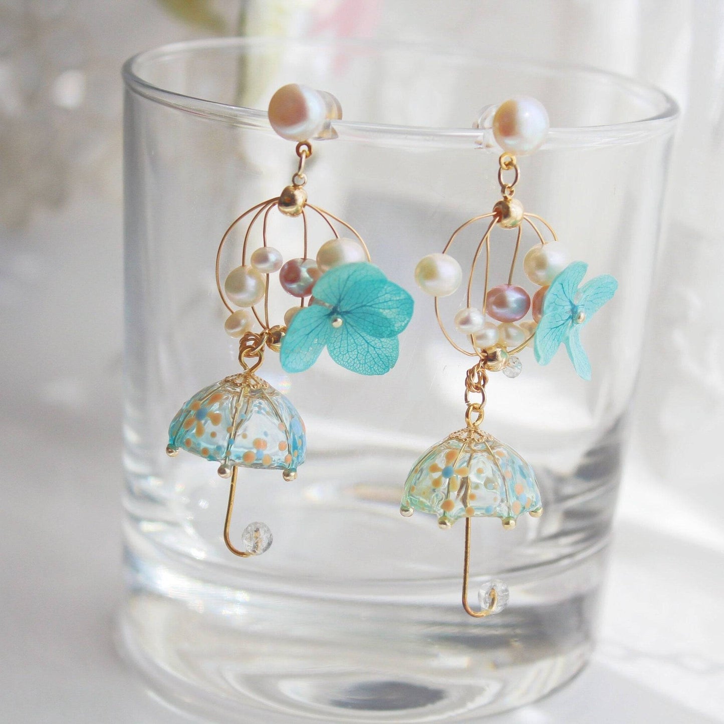 Blue Hydrangea Flower with Umbrella Earrings-Ninaouity