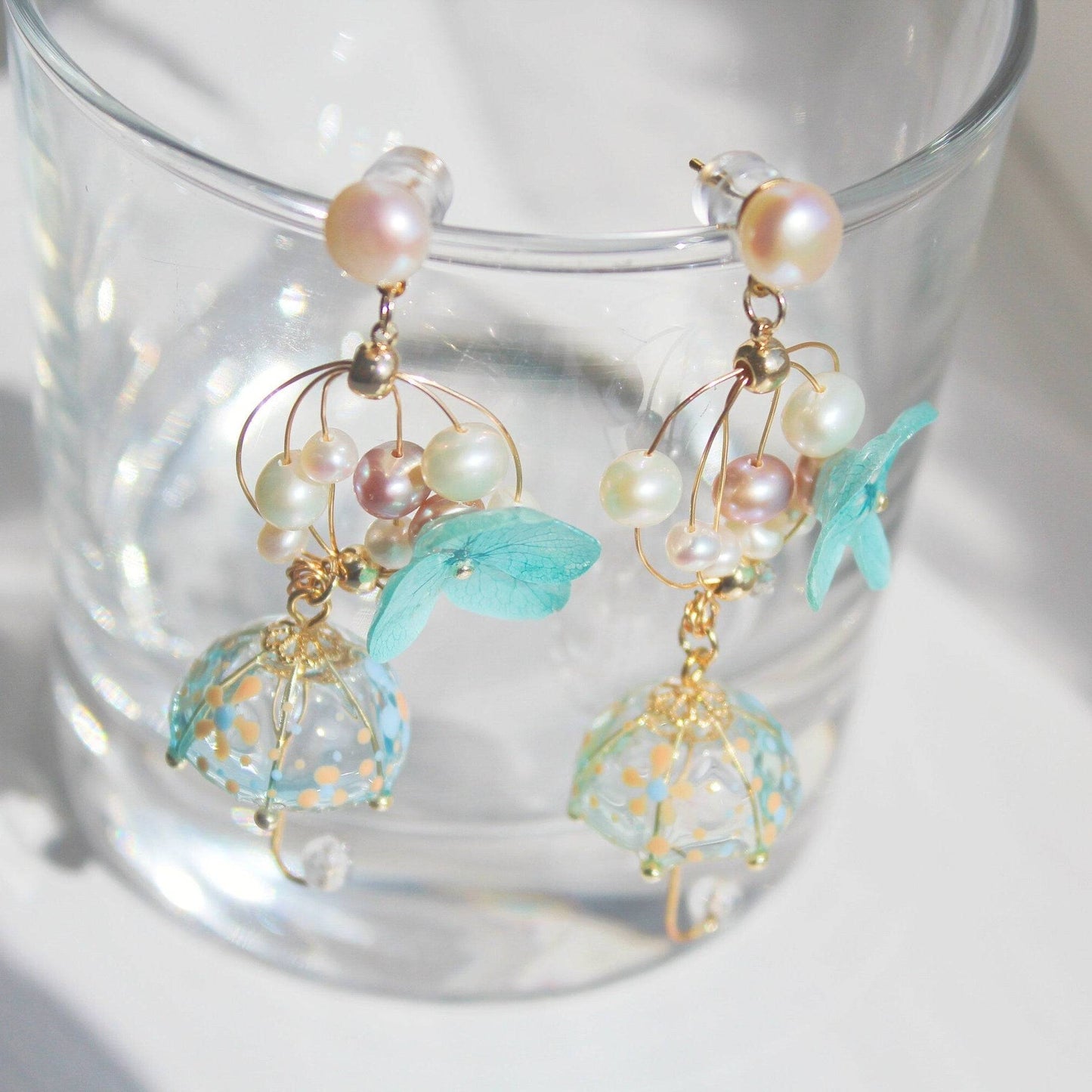 Blue Hydrangea Flower with Umbrella Earrings-Ninaouity