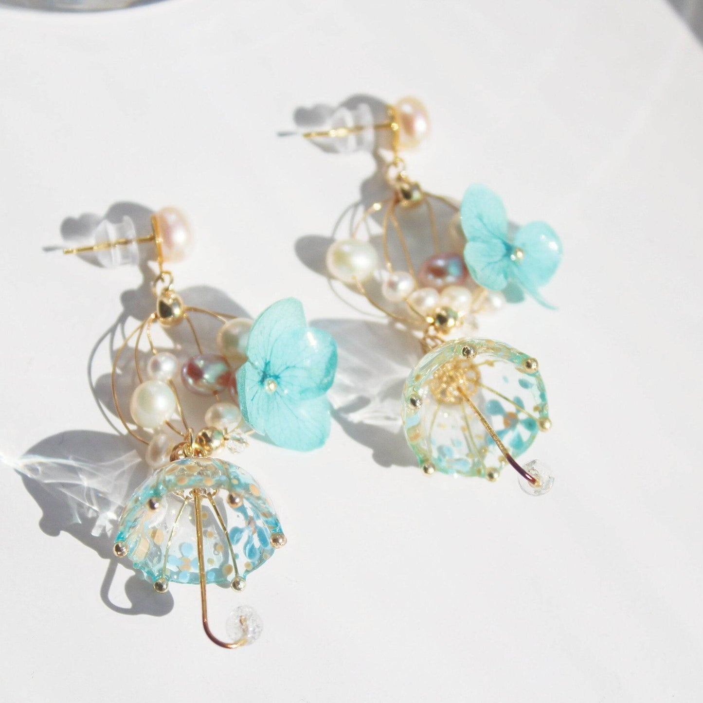 Blue Hydrangea Flower with Umbrella Earrings-Ninaouity